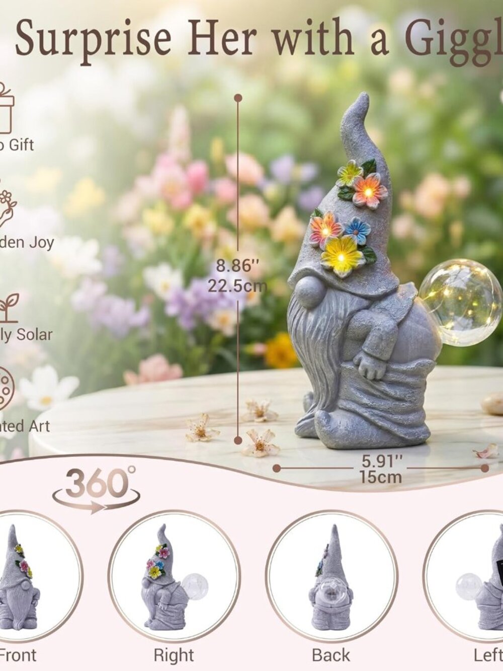 Solar Funny Garden Gnome Statue: Outdoor Sculpture Lights for Yard Lawn Porch Ba - Picture 4 of 9